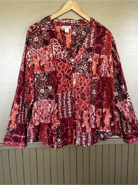 Lucky Brand Mixed Print Patchwork  Button Down Blouse 3X